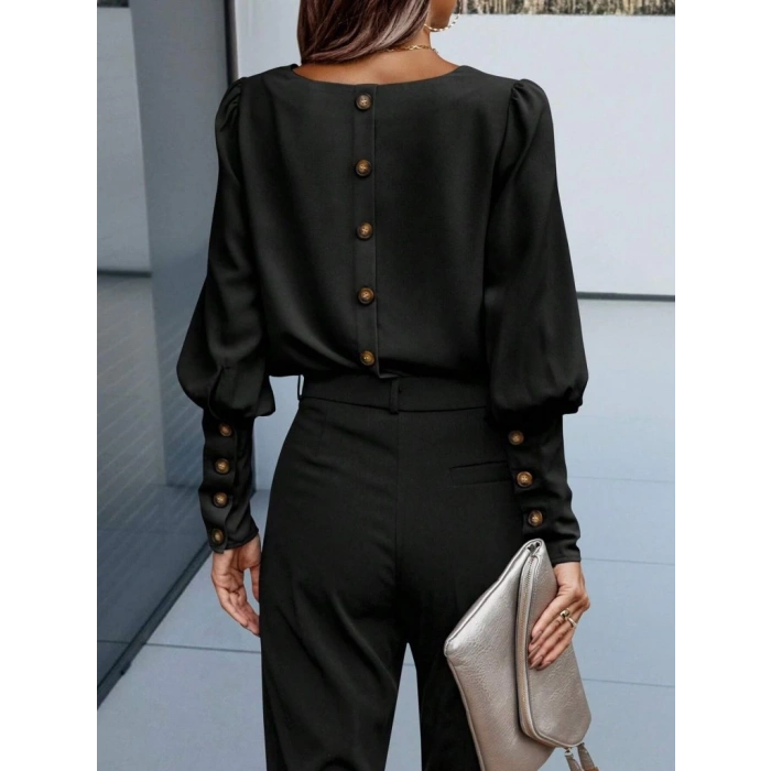 MDB Kadın Uzun Kollu Yuvarlak Yakalı Düğmeli Ithal Krep Bluz