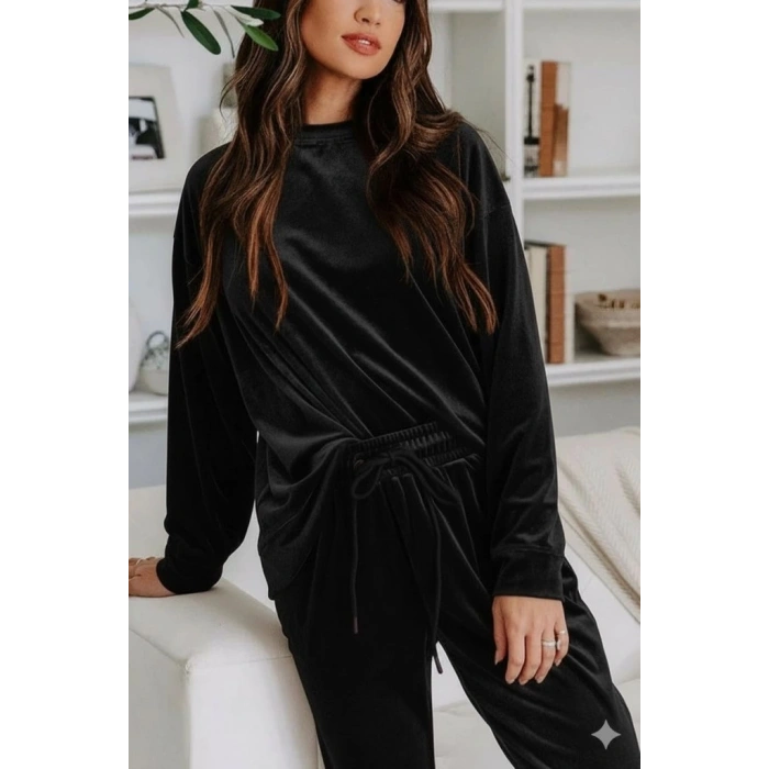 MDB Kadın Uzun Kollu Yuvarlak Yakalı Kadife Bluz Ve Pantolon Takım