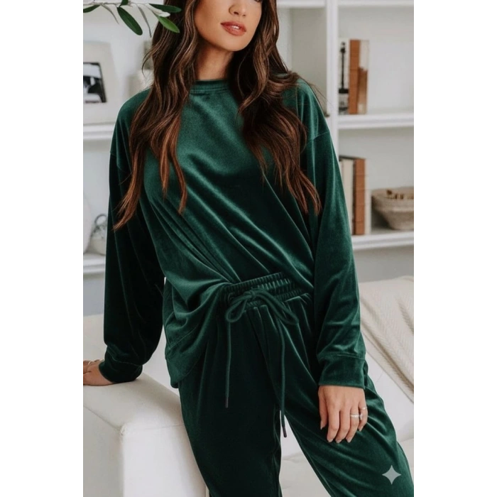 MDB Kadın Uzun Kollu Yuvarlak Yakalı Kadife Bluz Ve Pantolon Takım