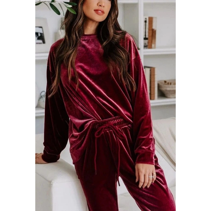 MDB Kadın Uzun Kollu Yuvarlak Yakalı Kadife Bluz Ve Pantolon Takım