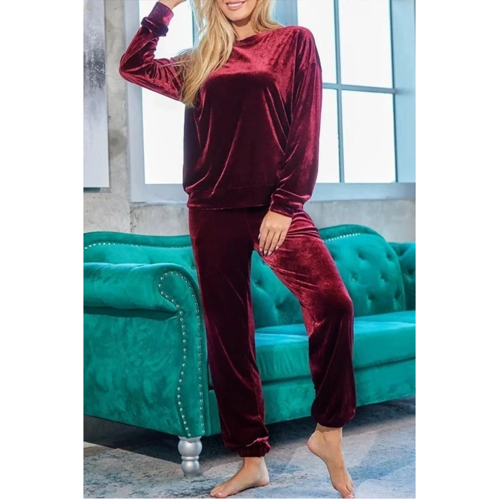 MDB Kadın Uzun Kollu Yuvarlak Yakalı Kadife Bluz Ve Pantolon Takım