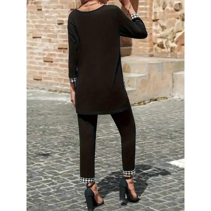 MDB Kadın Uzun Kollu Yuvarlak Yakalı Kaz Ayağı Detaylı Viskon Iki Iplik Bluz Ve Pantolon Ikili Takım