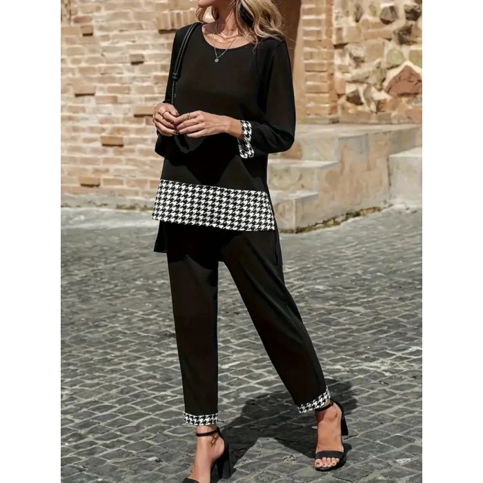 MDB Kadın Uzun Kollu Yuvarlak Yakalı Kaz Ayağı Detaylı Viskon Iki Iplik Bluz Ve Pantolon Ikili Takım