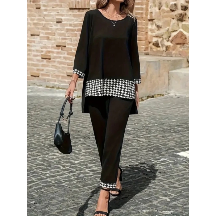 MDB Kadın Uzun Kollu Yuvarlak Yakalı Kaz Ayağı Detaylı Viskon Iki Iplik Bluz Ve Pantolon Ikili Takım