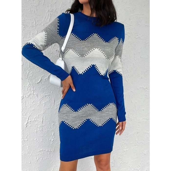 MDB Kadın Uzun Kollu Zigzag Desen Triko Elbise