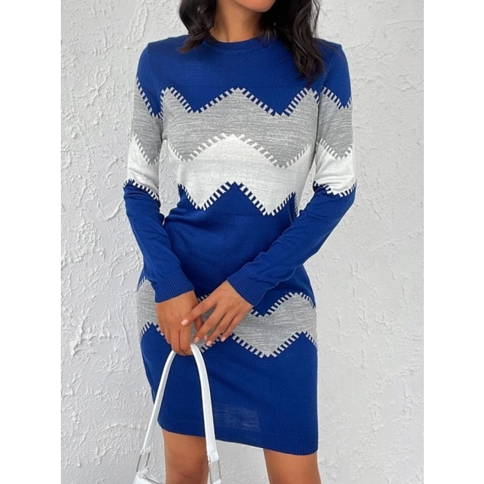 MDB Kadın Uzun Kollu Zigzag Desen Triko Elbise