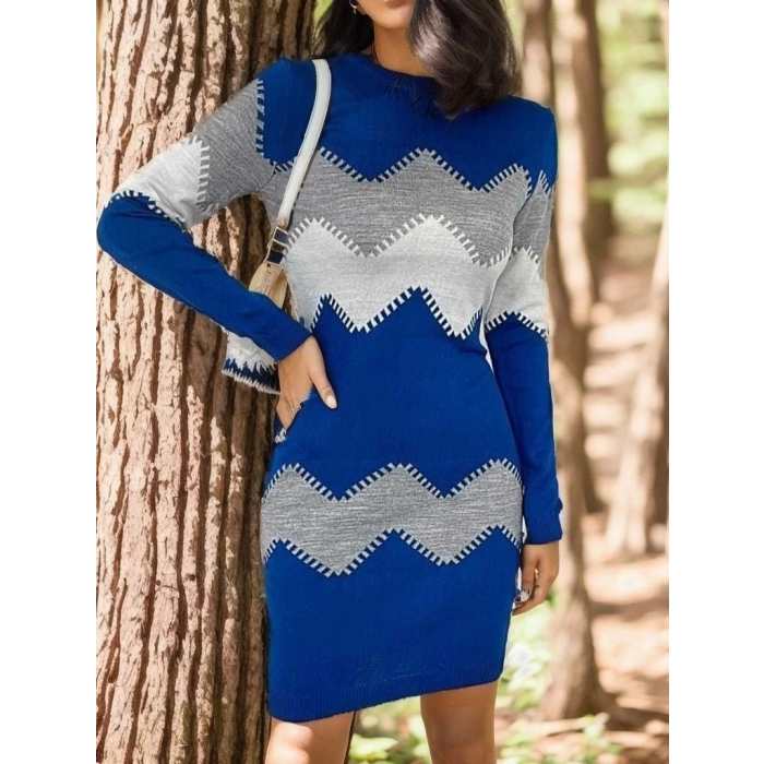 MDB Kadın Uzun Kollu Zigzag Desen Triko Elbise