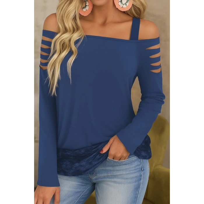 MDB Kadın Uzun Lazer Kesik Detaylı Askılı Viskon Iki Iplik Bluz