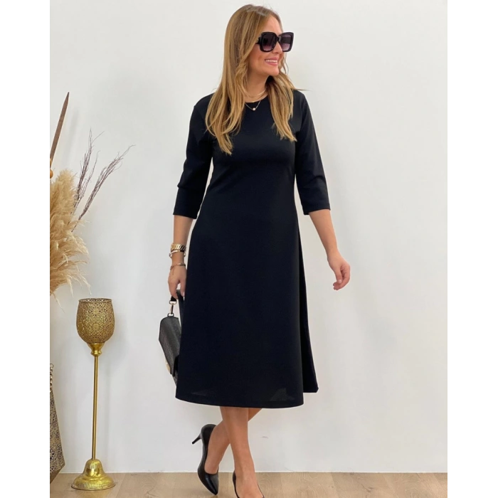 MDB Kadın Uzun Truvakar Kol Bisiklet Yaka Midi Modal Elbise