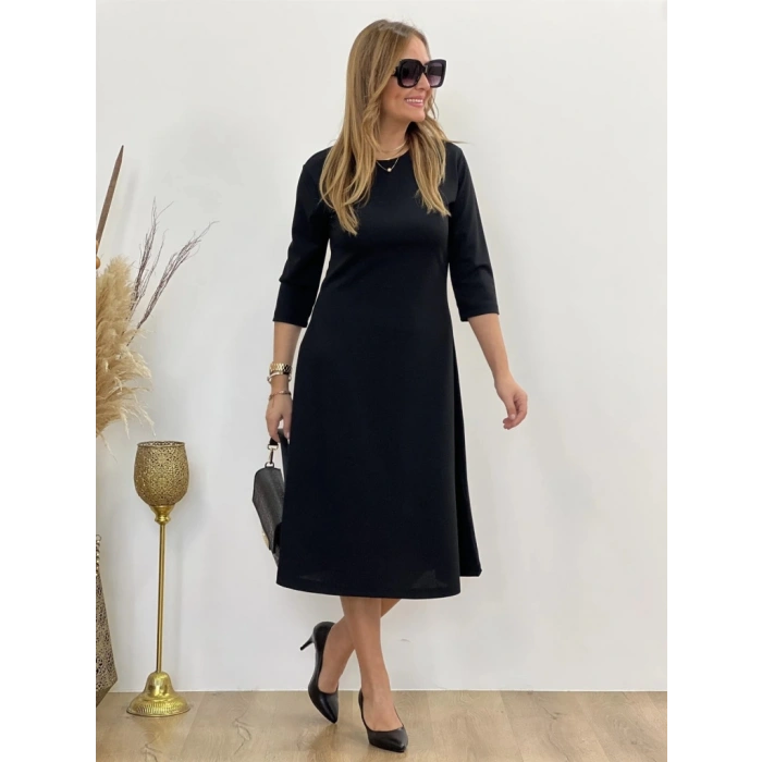 MDB Kadın Uzun Truvakar Kol Bisiklet Yaka Midi Modal Elbise