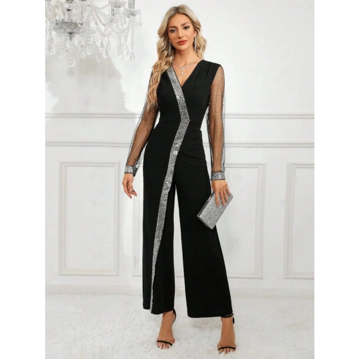 MDB Kadın Uzun V Yakalı önden Pulpayet Detaylı Tüllü Uzun Ithal Krep Tulum