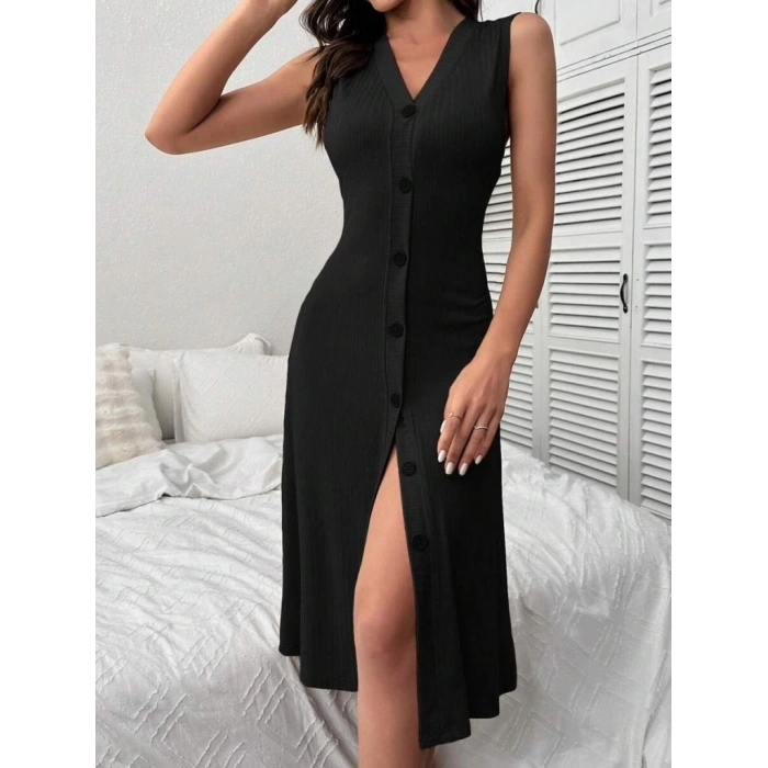 MDB Kadın V Yakalı önden Düğmeli Kaşkorse Elbise