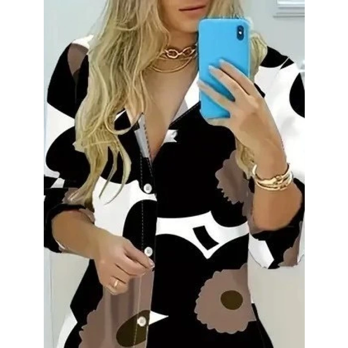 MDB Kadın Yakalı önden Düğmeli çiçek Desenli Uzun Süprem Elbise