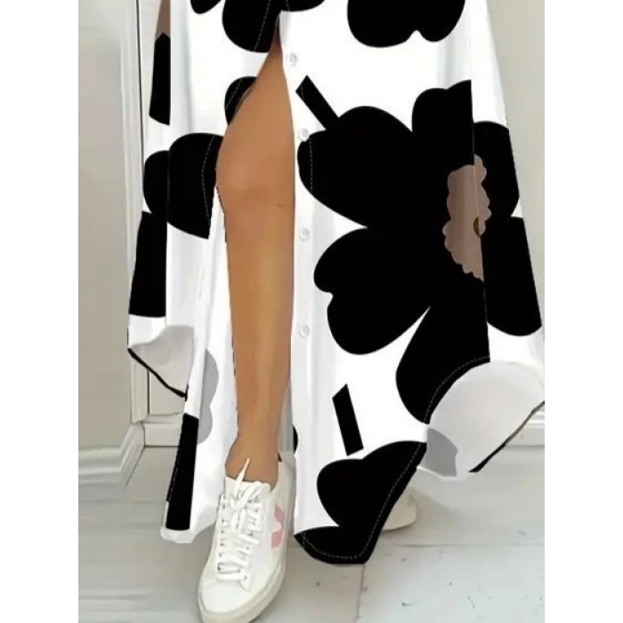 MDB Kadın Yakalı önden Düğmeli çiçek Desenli Uzun Süprem Elbise