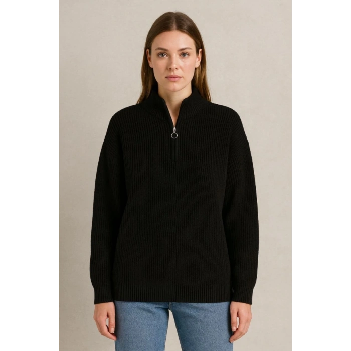 MDB KADIN Yarım Fermuarlı Triko Kazak – elanik Örgü, Dik Yaka, Pamuklu Dokuma, Oversize Uzun Kollu Kışlık odel  iyah