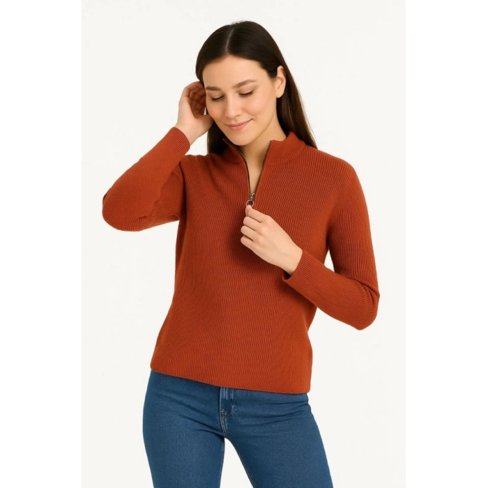 MDB KADIN Yarım Fermuarlı Triko Kazak – elanik Örgü, Dik Yaka, Pamuklu Dokuma, Oversize Uzun Kollu Kışlık odel  Kiremit