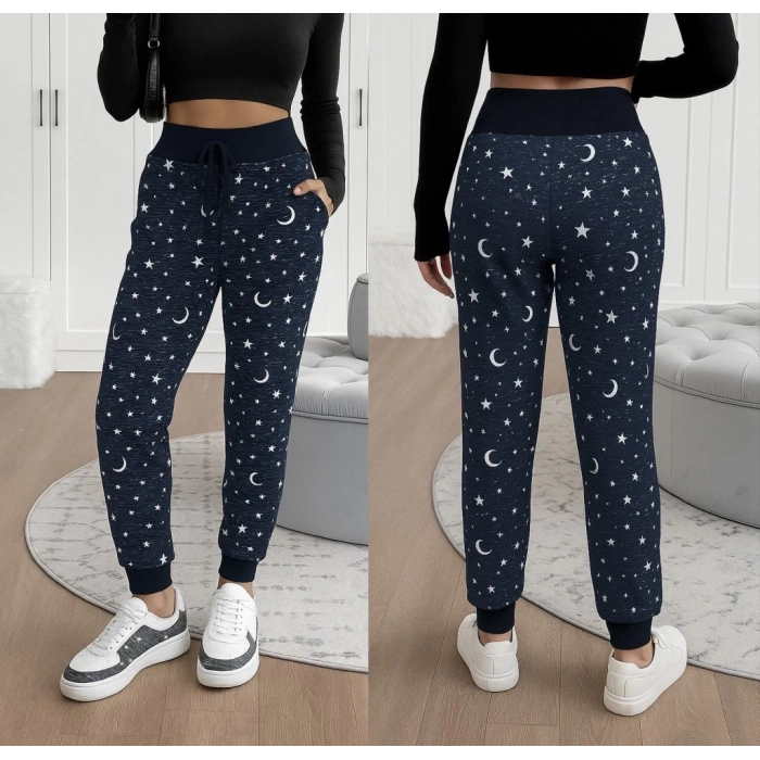 MDB Kadın Yüksek Bel Bağcıklı Desenli Iki Iplik Pantolon