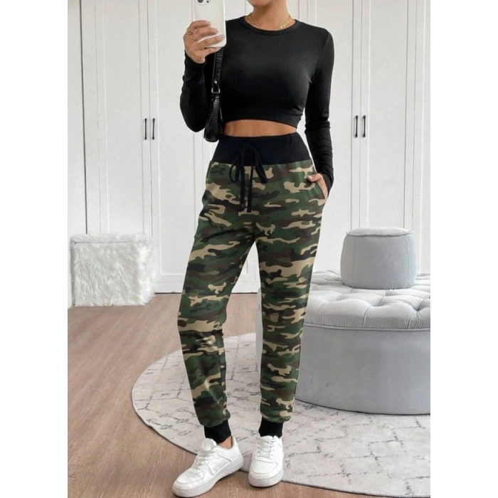 MDB Kadın Yüksek Bel Bağcıklı Desenli Iki Iplik Pantolon