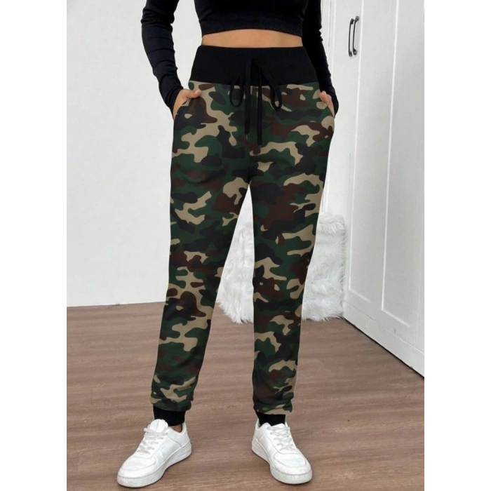 MDB Kadın Yüksek Bel Bağcıklı Desenli Iki Iplik Pantolon