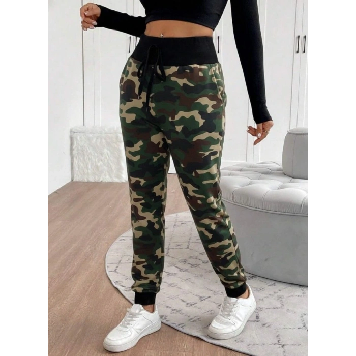 MDB Kadın Yüksek Bel Bağcıklı Desenli Iki Iplik Pantolon