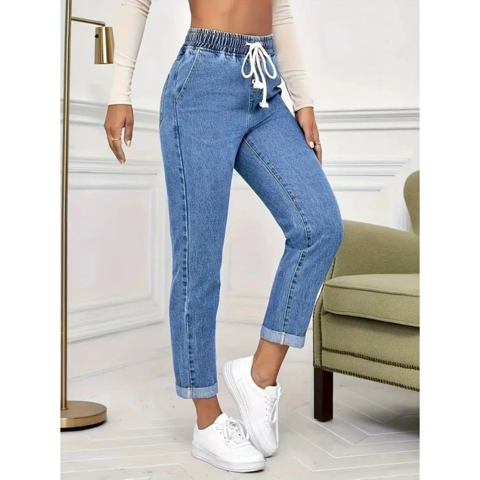 MDB Kadın Yüksek Bel Bağcıklı Kot Pantolon