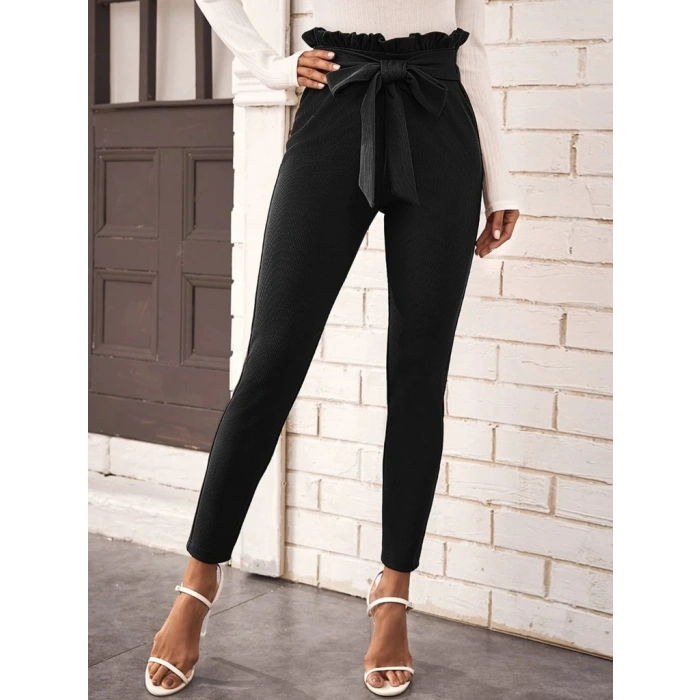 MDB Kadın Yüksek Bel Beli Fırfırlı önden Bağlamalı Ithal Krep Pantolon