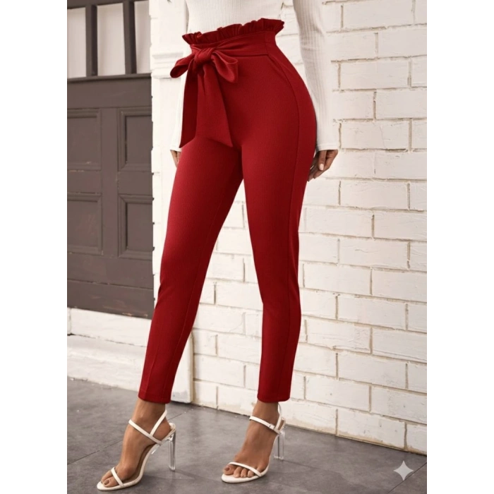 MDB Kadın Yüksek Bel Beli Fırfırlı önden Bağlamalı Ithal Krep Pantolon