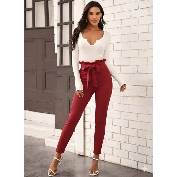 MDB Kadın Yüksek Bel Beli Fırfırlı önden Bağlamalı Ithal Krep Pantolon
