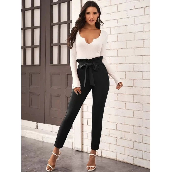 MDB Kadın Yüksek Bel Beli Fırfırlı önden Bağlamalı Ithal Krep Pantolon