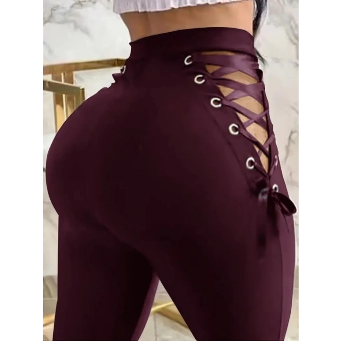 MDB Kadın Yüksek Bel çapraz Bağcıklı Tül Detaylı Dalgıç Tayt