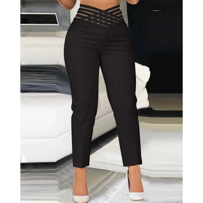 MDB Kadın Yüksek Bel çapraz şerit Detaylı Ithal Krep Pantolon