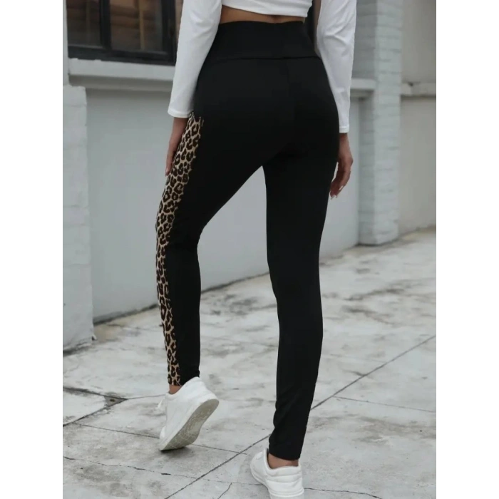 MDB Kadın Yüksek Bel Cep Detaylı Leopar Desenli Dalgıç Tayt