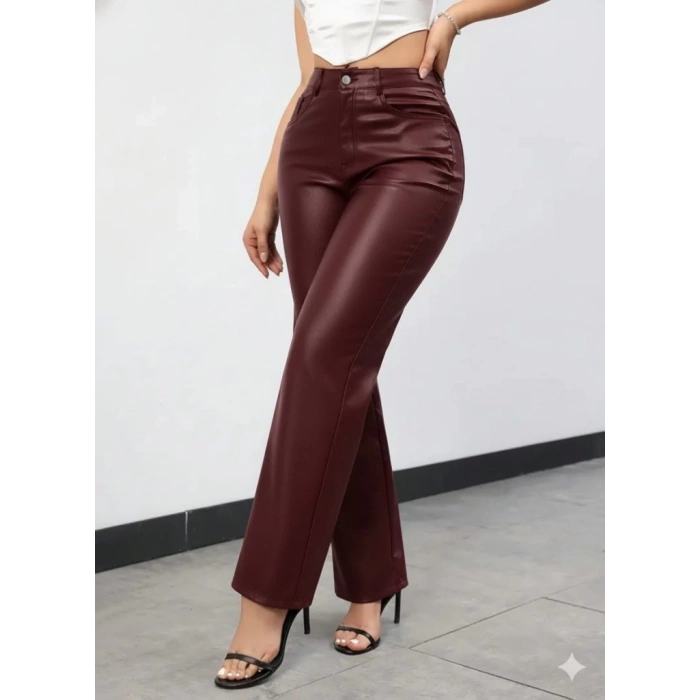 MDB Kadın Yüksek Bel Cepli Deri Pantolon