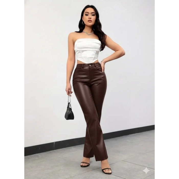 MDB Kadın Yüksek Bel Cepli Deri Pantolon