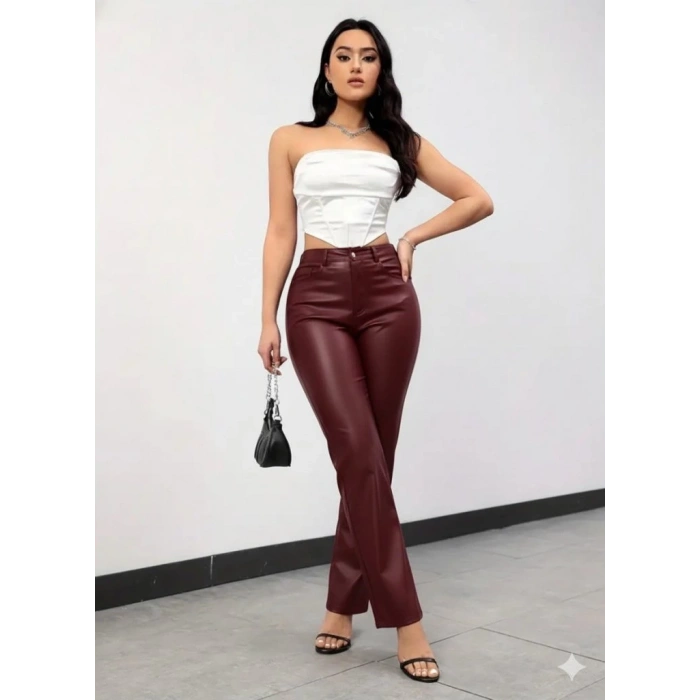 MDB Kadın Yüksek Bel Cepli Deri Pantolon