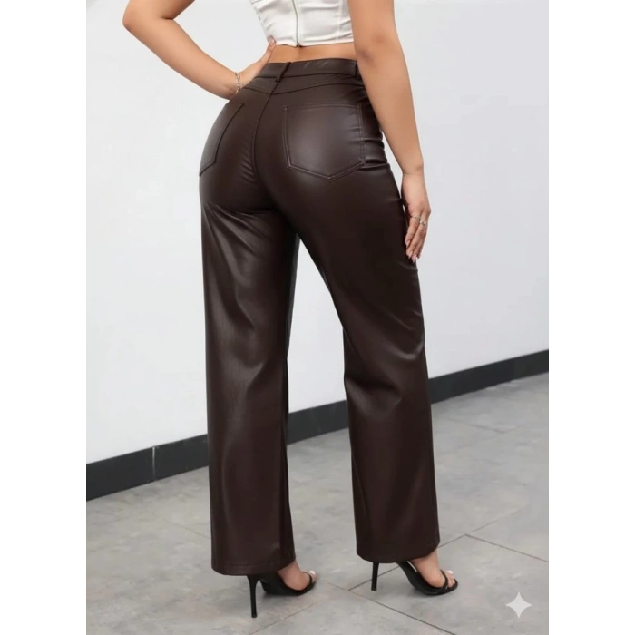 MDB Kadın Yüksek Bel Cepli Deri Pantolon