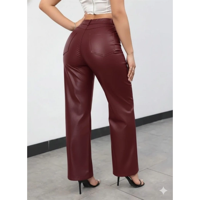 MDB Kadın Yüksek Bel Cepli Deri Pantolon