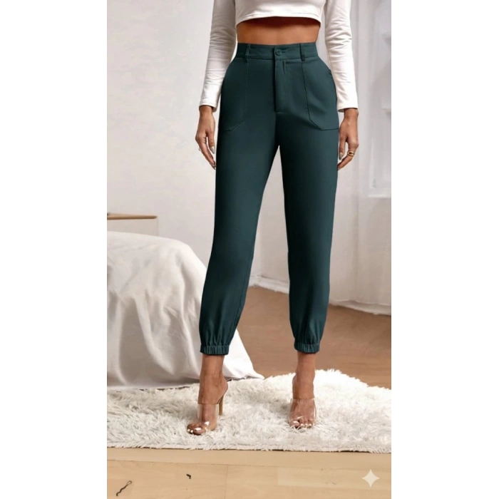 MDB Kadın Yüksek Bel Cepli Paçası Lastikli Ithal Krep Pantolon