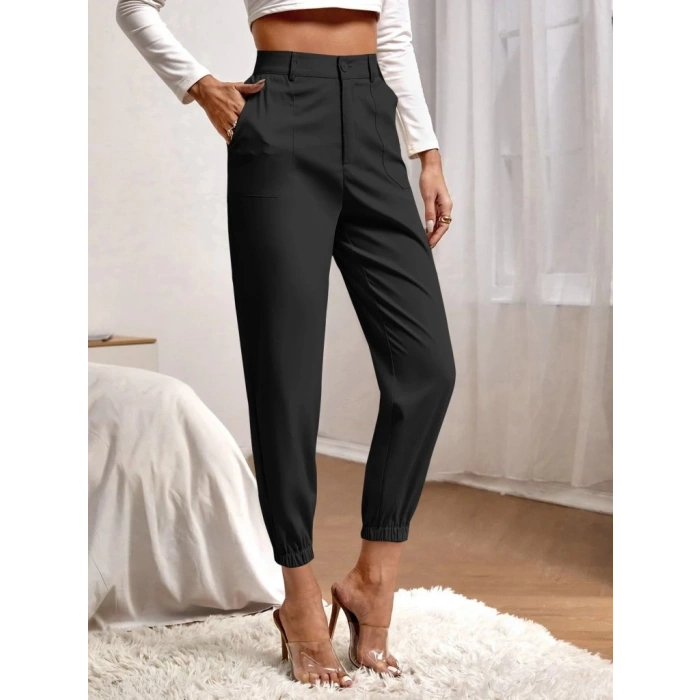 MDB Kadın Yüksek Bel Cepli Paçası Lastikli Ithal Krep Pantolon