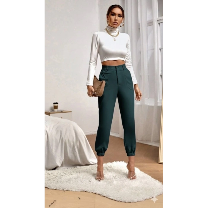 MDB Kadın Yüksek Bel Cepli Paçası Lastikli Ithal Krep Pantolon