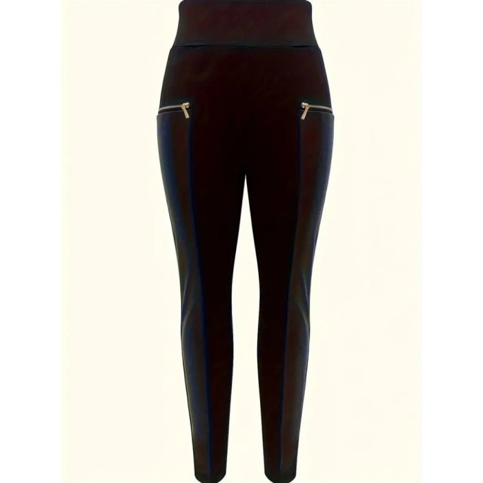 MDB Kadın Yüksek Bel Deri Detaylı Fermuarlı Dalgıç Tayt