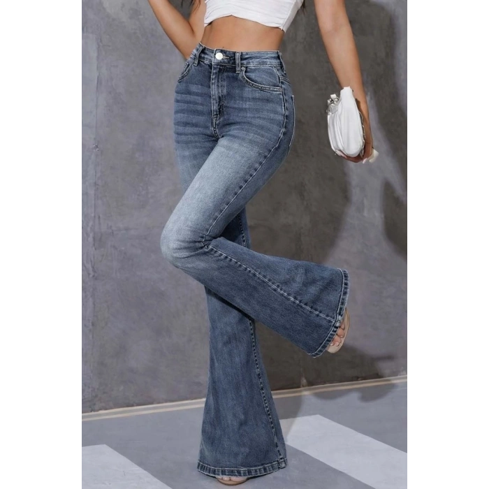 MDB Kadın Yüksek Bel Fermuarlı İspanyol Paçalı Kot Pantolon