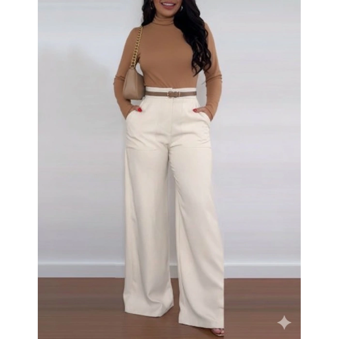 MDB Kadın Yüksek Bel Geniş Paça Detaylı Cepli Ithal Krep Pantolon