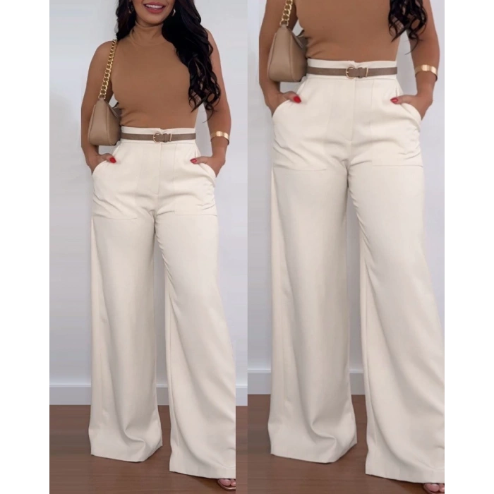 MDB Kadın Yüksek Bel Geniş Paça Detaylı Cepli Ithal Krep Pantolon