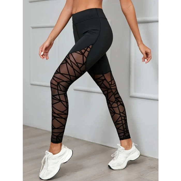 MDB Kadın Yüksek Bel Geometrik Desen File Detaylı Dalgıç Tayt