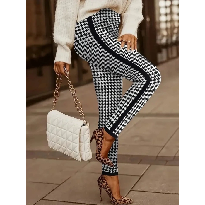 MDB Kadın Yüksek Bel Kaz Ayağı Desenli Yanları şeritli Dalgıç Pantolon