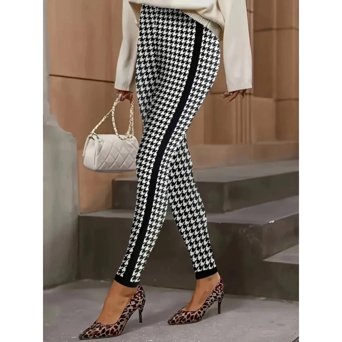 MDB Kadın Yüksek Bel Kaz Ayağı Desenli Yanları şeritli Dalgıç Pantolon