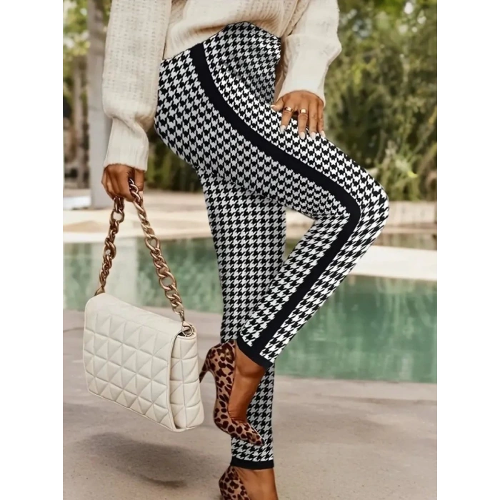 MDB Kadın Yüksek Bel Kaz Ayağı Desenli Yanları şeritli Dalgıç Pantolon