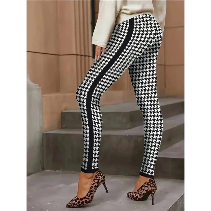 MDB Kadın Yüksek Bel Kaz Ayağı Desenli Yanları şeritli Dalgıç Pantolon