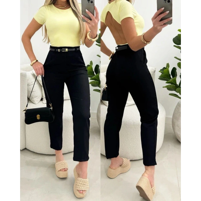 MDB Kadın Yüksek Bel Kemersiz Ithal Krep Pantolon